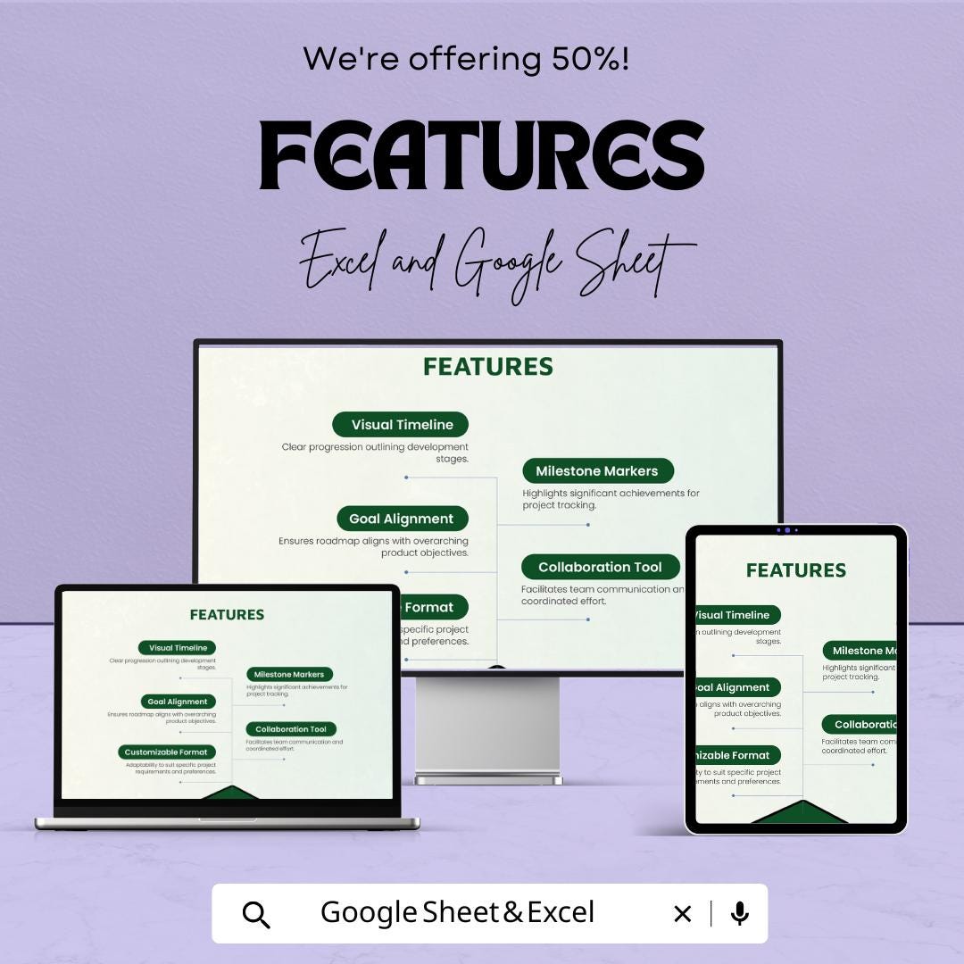Simple Product Roadmap Sheet | Excel & Google Sheet Template | Product Development Plan | Editable Roadmap | Timeline for Teams |