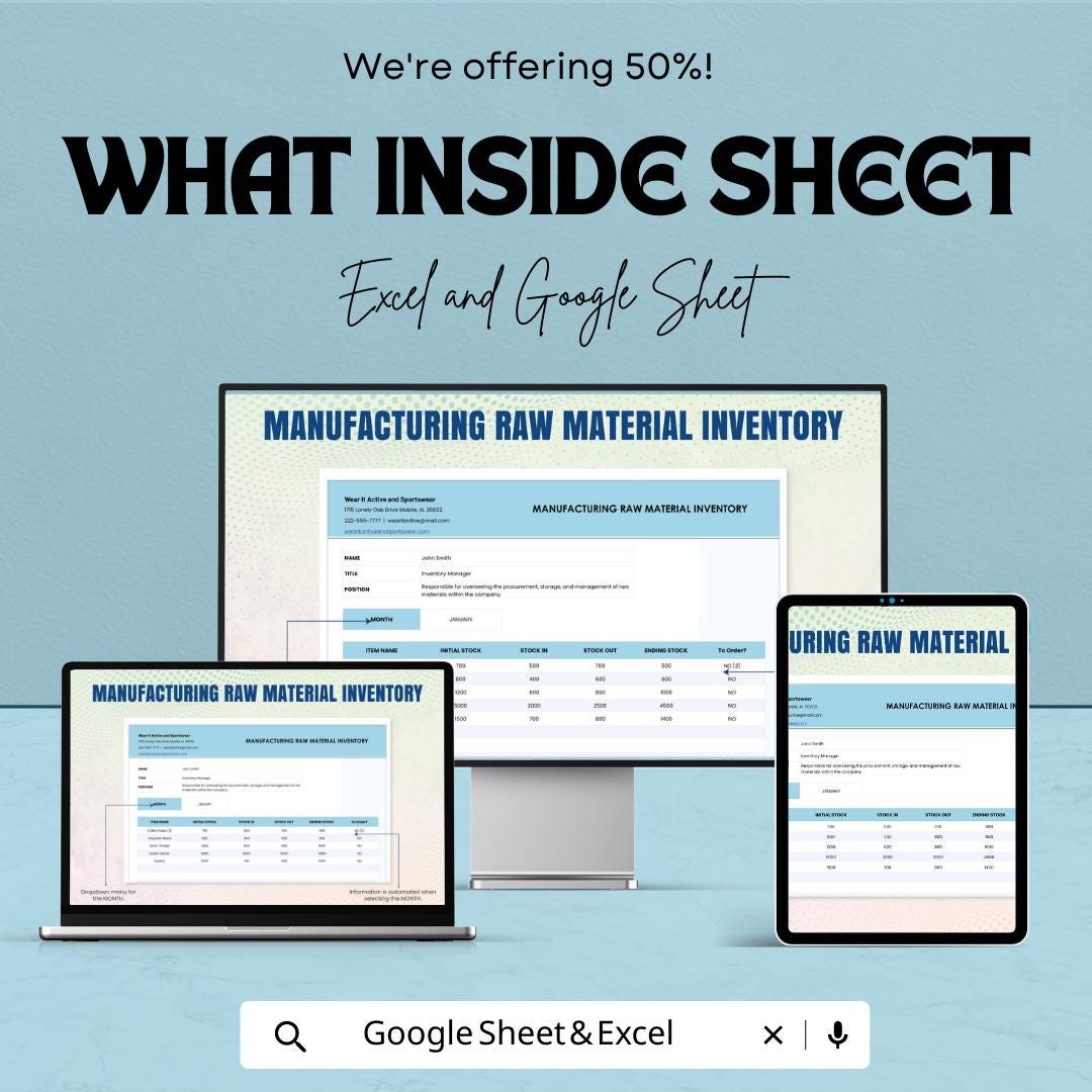 Manufacturing Raw Material Inventory Template | Production Stock Tracker | Material Inventory Log | Factory Inventory Sheet