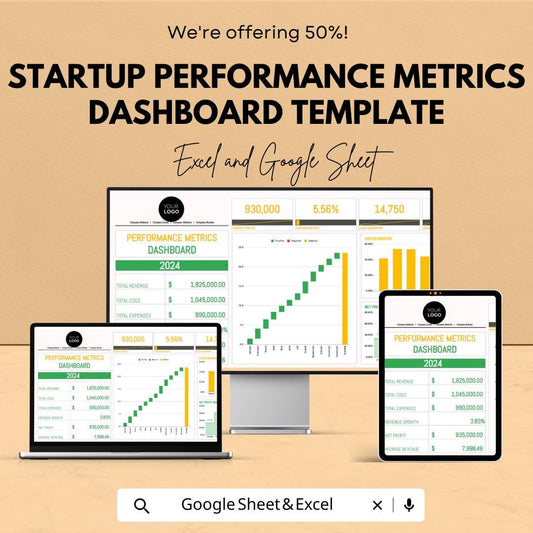 Startup Performance Metrics Dashboard Template | Business Performance Tracker | Startup Financial Metrics Spreadsheet