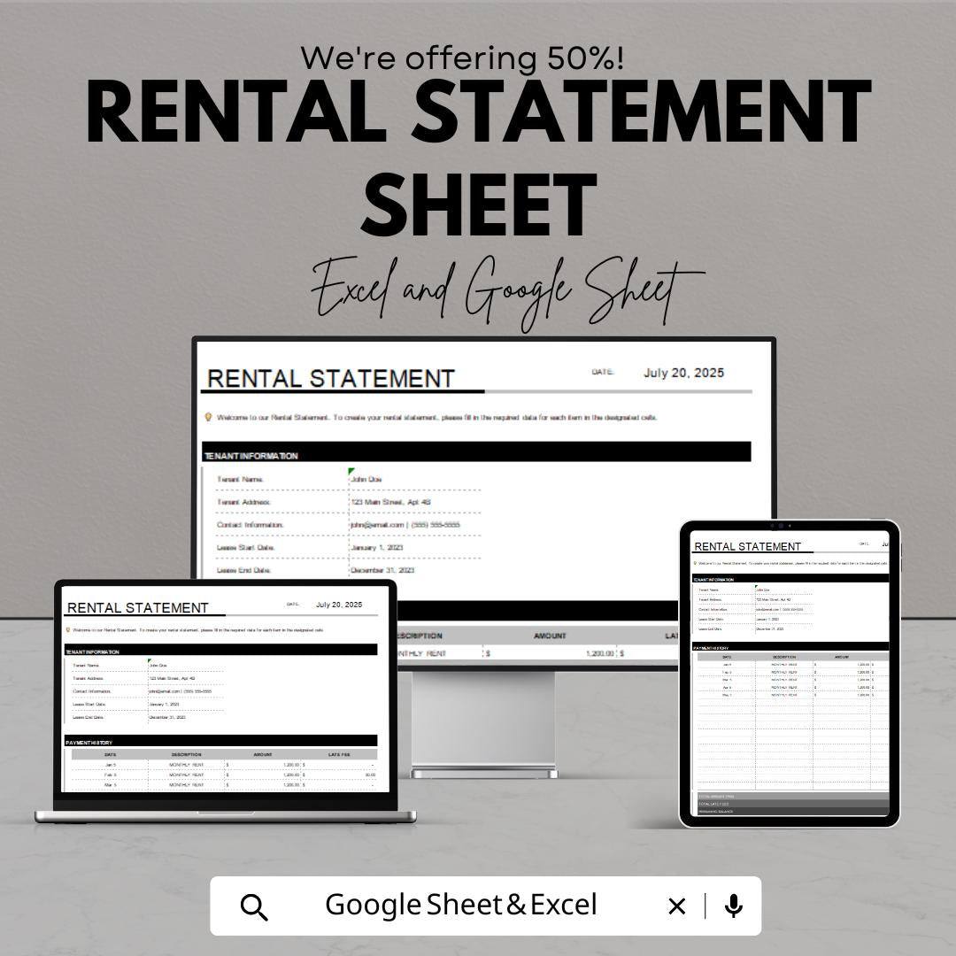 Rental Statement Template | Google Sheets & Excel | Rent Ledger | Tenant Account Summary | Instant Download