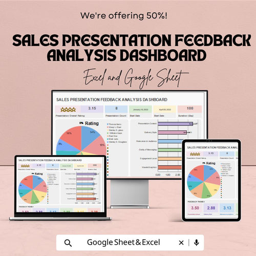 Sales Presentation Feedback Analysis Dashboard | Google Sheets & Excel Template | Performance Review Tracker | Sales Metrics Dashboard |