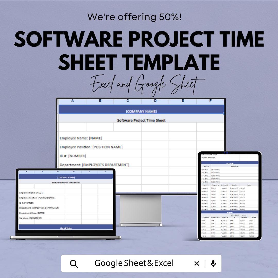 Software Project Time Sheet Template | Employee Time Tracker Spreadsheet | Project Hours Log | Excel & Google Sheets