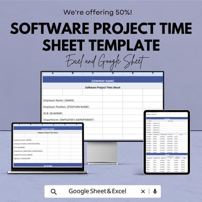 Software Project Time Sheet Template | Employee Time Tracker Spreadsheet | Project Hours Log | Excel & Google Sheets