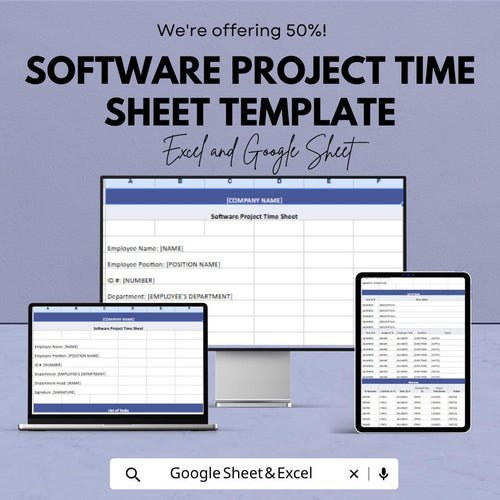 Software Project Time Sheet Template | Employee Time Tracker Spreadsheet | Project Hours Log | Excel & Google Sheets