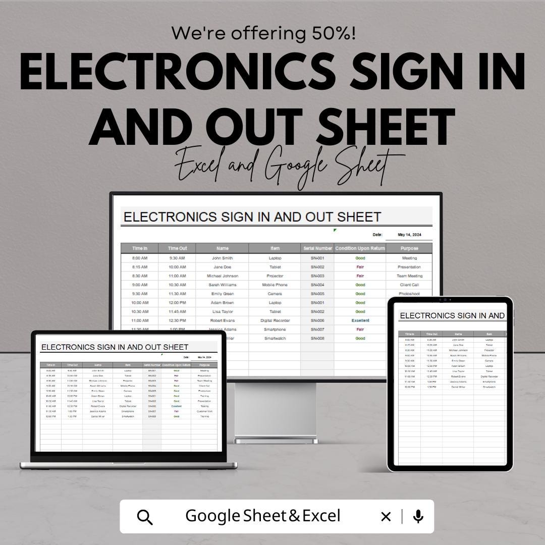 Electronics Sign In and Out Sheet | Track Electronics Checkout | Excel & Google Sheets Template