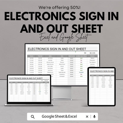 Electronics Sign In and Out Sheet | Track Electronics Checkout | Excel & Google Sheets Template