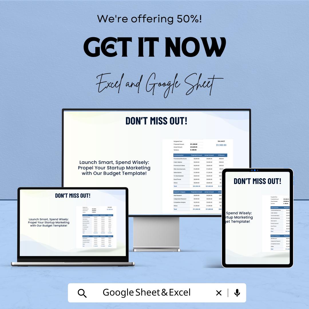 Startup Marketing Budget Sheet | Google Sheet & Excel Template for Budget Allocation, Expense Tracking, and ROI Analysis | Editable Business