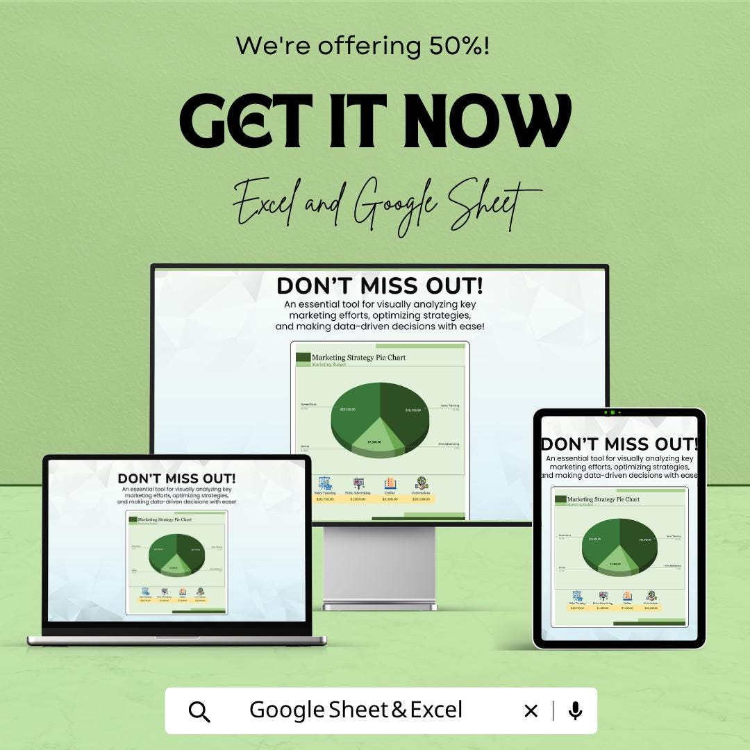 Marketing Strategy Pie Chart Template | Marketing Analytics Spreadsheet | Business Strategy Dashboard | Excel & Google Sheets |