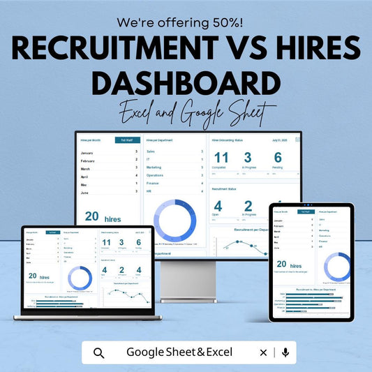Recruitment vs Hires Dashboard Sheet | Excel & Google Sheets Template | Track Recruitment Performance | Visualize Hiring Metrics
