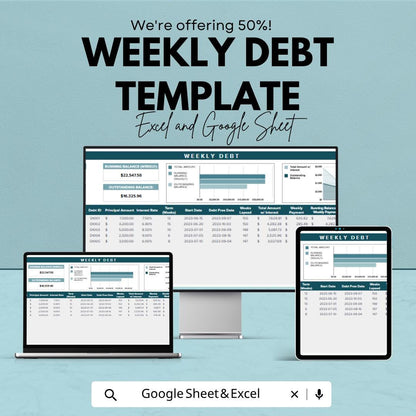 Weekly Debt Template | Debt Payoff Tracker Spreadsheet | Excel & Google Sheets | Debt Snowball Planner | Personal Finance Budget Template