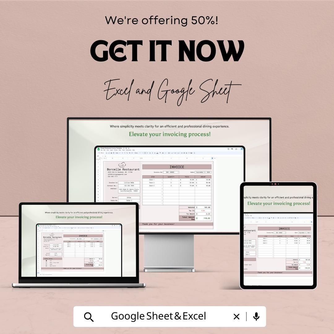 Simple Restaurant Invoice Sheet | Excel & Google Sheets | Customizable | Easy to Use | Professional Template