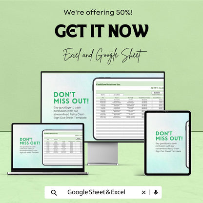 Petty Cash Sign Out Sheet | Google Sheets & Excel Template | Cash Flow Tracker | Easy Record Keeping | Automated Petty Cash Template