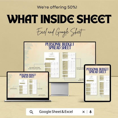 Simple Budget Worksheet Template Excel Google Sheets | Monthly Budget Planner Spreadsheet | Personal Finance Tracker | Income Expense Budget