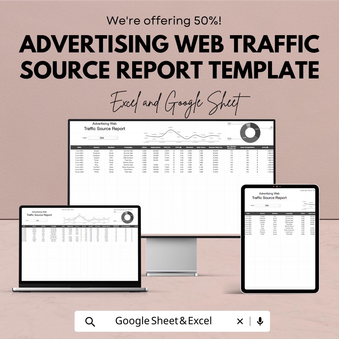 Advertising Web Traffic Source Report Template | Marketing Analytics Dashboard | Traffic Source Tracker | Excel and Google Sheets