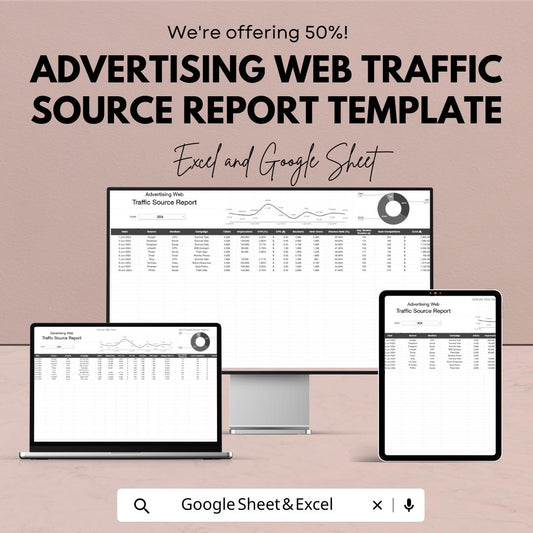 Advertising Web Traffic Source Report Template | Marketing Analytics Dashboard | Traffic Source Tracker | Excel and Google Sheets