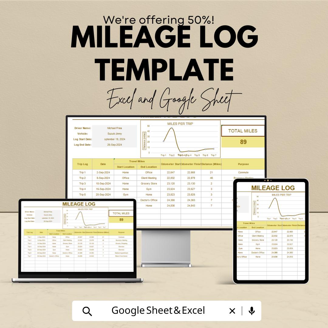 Mileage Log Template | Excel & Google Sheets | Vehicle Mileage Tracker | Business Expense Log | Tax Deduction Spreadsheet