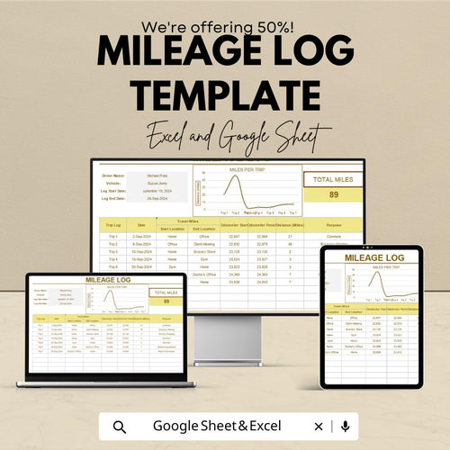 Mileage Log Template | Excel & Google Sheets | Vehicle Mileage Tracker | Business Expense Log | Tax Deduction Spreadsheet
