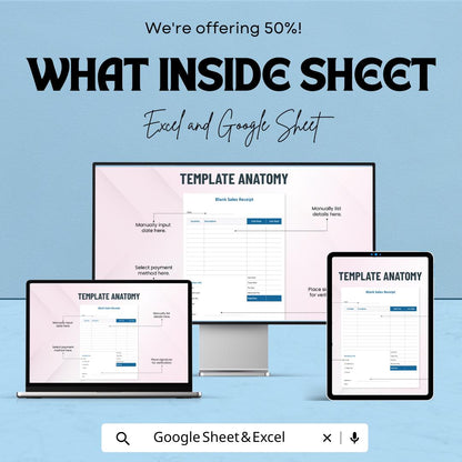 Simple Blank Sales Receipt Sheet - Excel & Google Sheets Template | Easily Track Sales and Payments | 50% Off