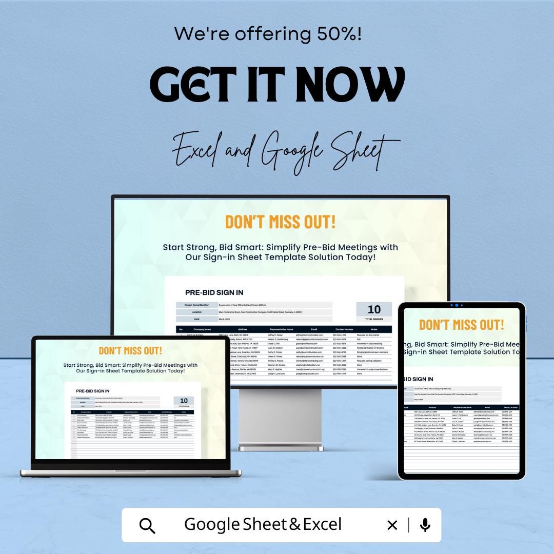 Pre-Bid Sign-In Sheet | Excel & Google Sheets Template | Bid Meeting Tracker | Contractor Registration | Instant Download
