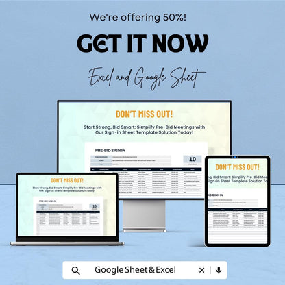 Pre-Bid Sign-In Sheet | Excel & Google Sheets Template | Bid Meeting Tracker | Contractor Registration | Instant Download