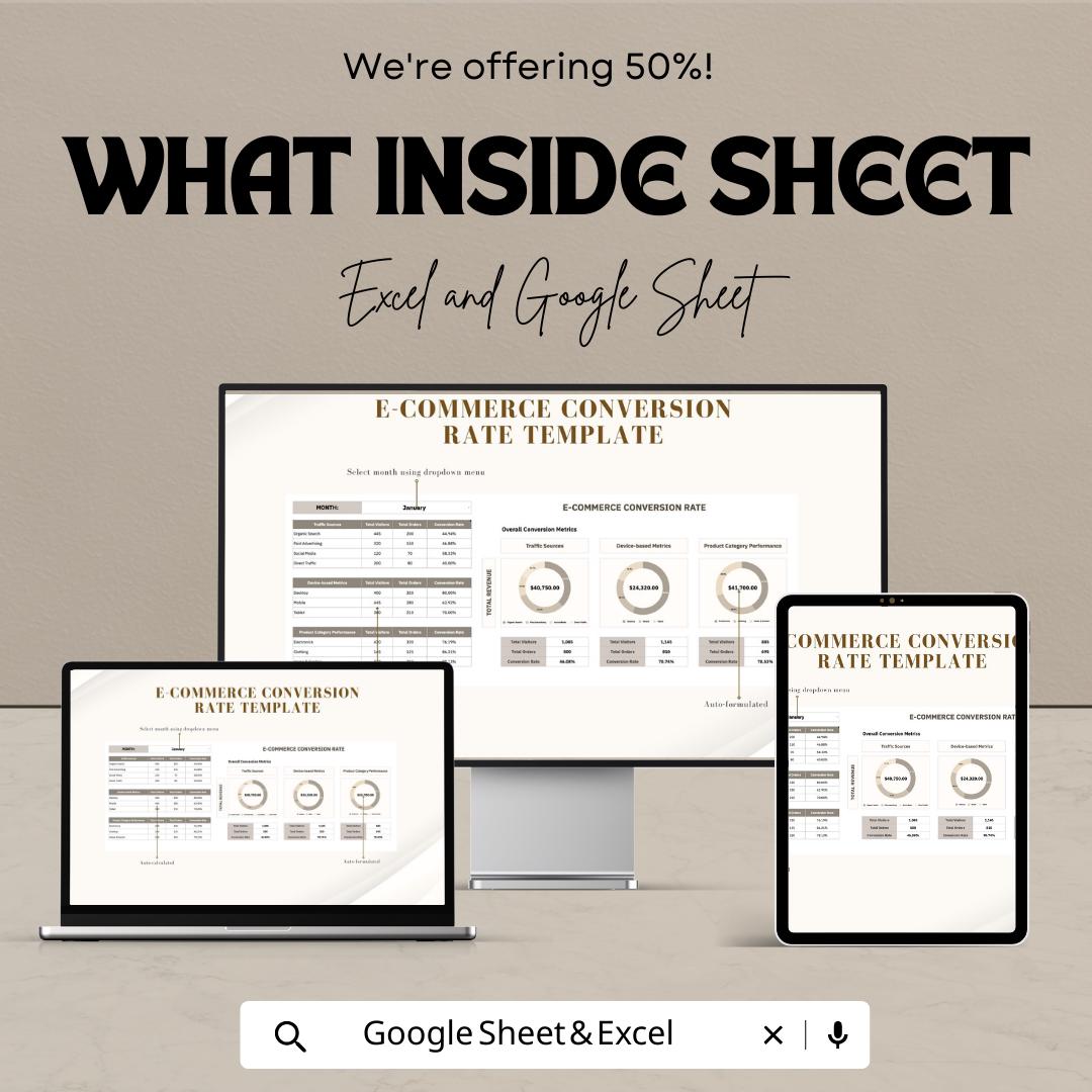 Ecommerce Conversion Rate Template, Google Sheets & Excel, Sales Funnel Tracker, Online Store Analytics, Conversion Dashboard