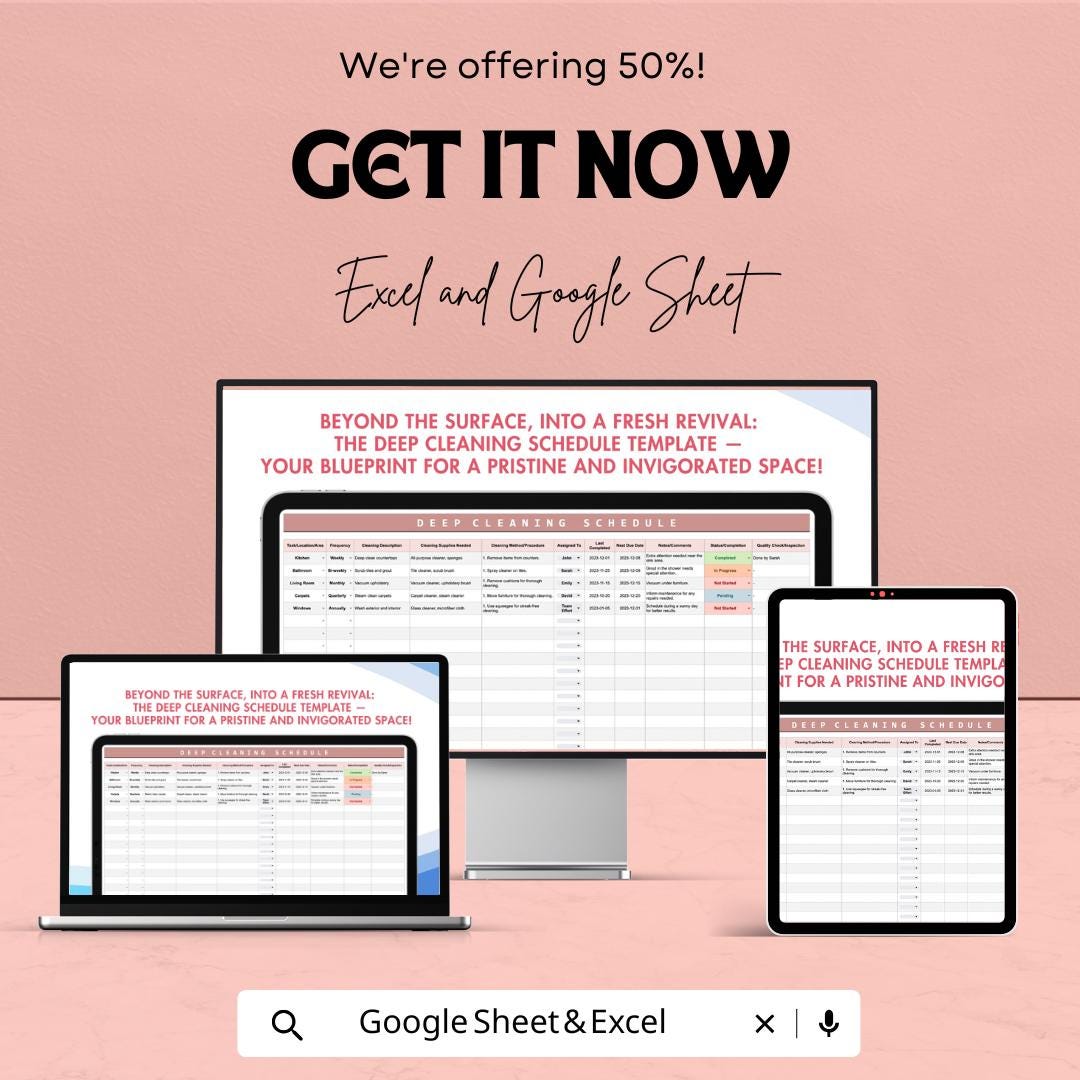 Deep Cleaning Schedule Sheet - Excel & Google Sheets Template - Task Tracking, Cleaning Checklist, Room Assignments