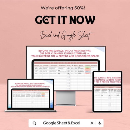 Deep Cleaning Schedule Sheet - Excel & Google Sheets Template - Task Tracking, Cleaning Checklist, Room Assignments