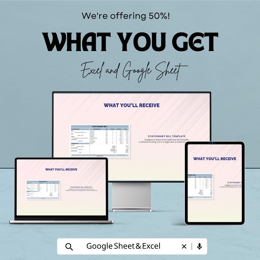 Stationary Bill Template | Office Supply Invoice Spreadsheet | Stationery Billing Tracker | Excel & Google Sheets Template |