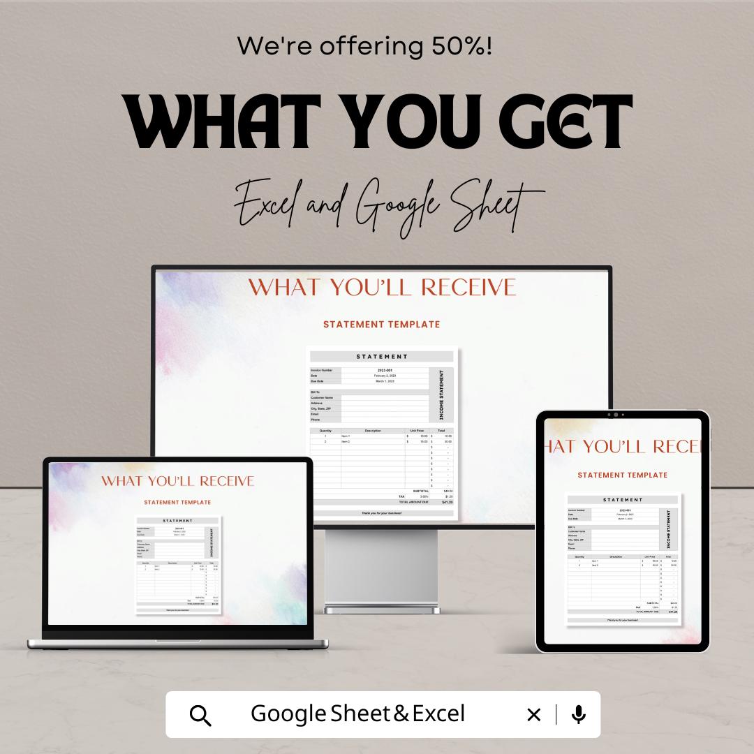 Statement Template | Invoice & Billing Tracker for Excel and Google Sheets | Business Finance Spreadsheet | Payment Record Template