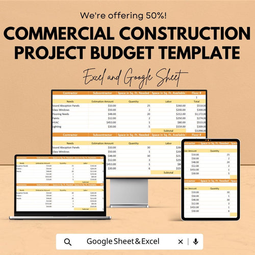 Commercial Construction Project Budget Template | Contractor Estimate Tracker | Building Cost Planner | Project Sheet