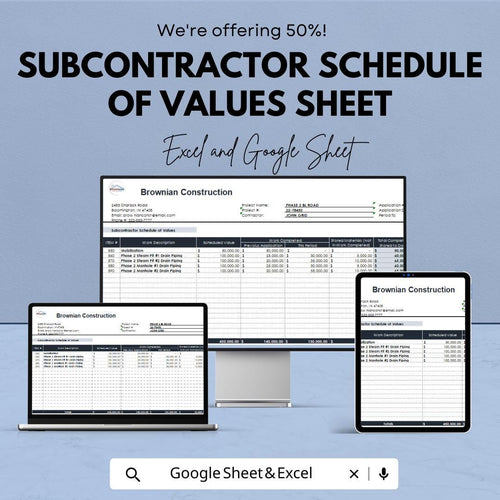 Subcontractor Schedule of Values Sheet | Excel & Google Sheet | Construction Project Management Template | 50% Off