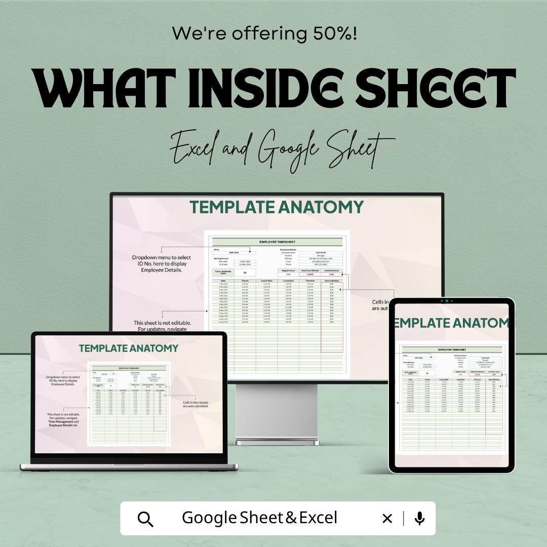 Finance Employee Timesheet Template , Employee Time Tracker, Work Hours Log, Payroll Tracker, Business Spreadsheet