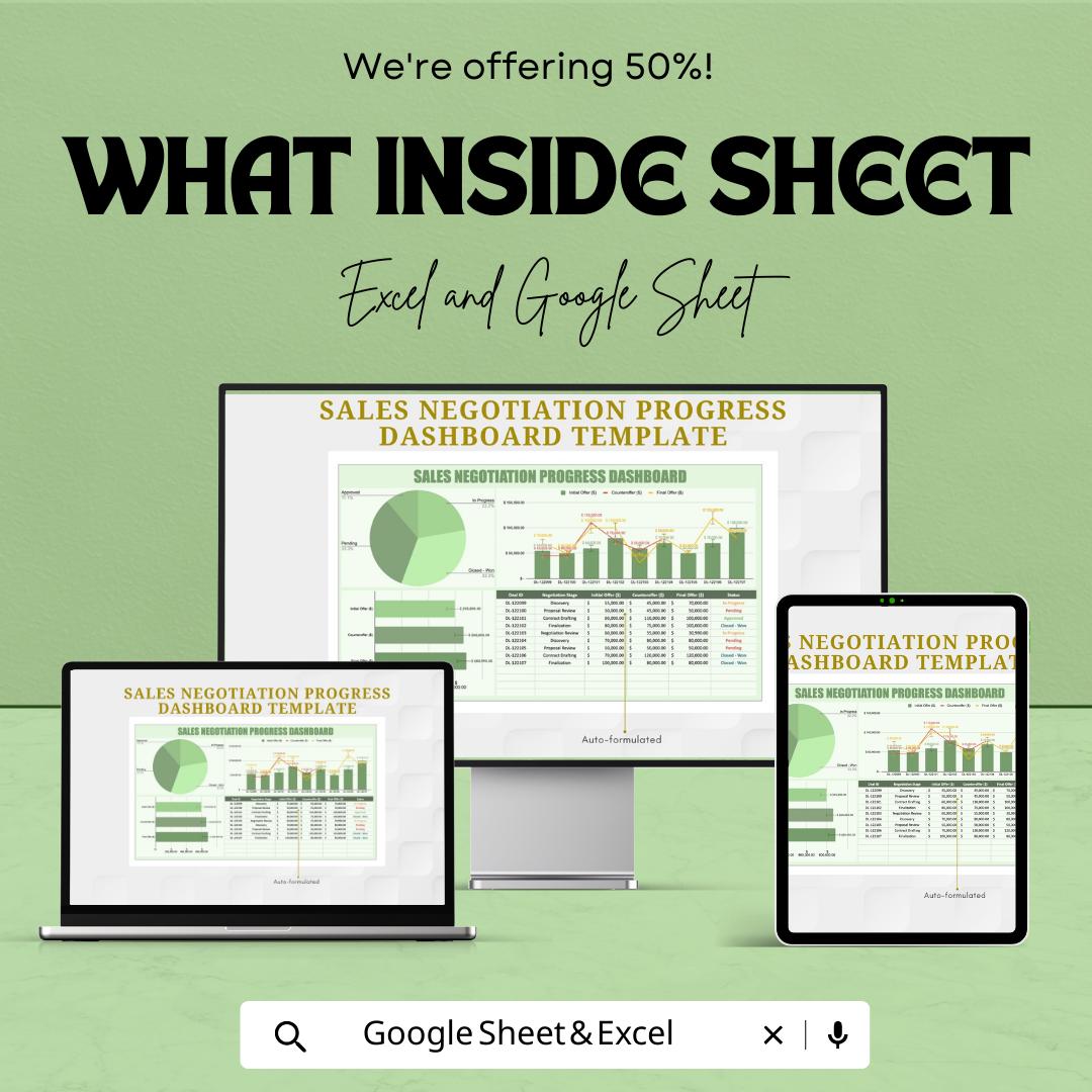 Sales Negotiation Progress Dashboard Template | Excel & Google Sheets Sales Tracker | Deal Pipeline and Performance Dashboard