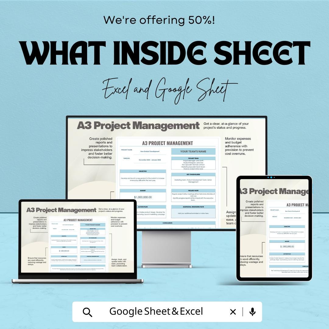 A3 Project Management Sheet | Excel & Google Sheet Template | Collaborative Project Planning | Customizable Template for Team Management