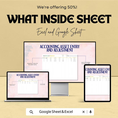 Accounting Asset Entry and Adjustment Template | fixed Asset Register | Google Sheets and Excel Template | Finance & Accounting Tool