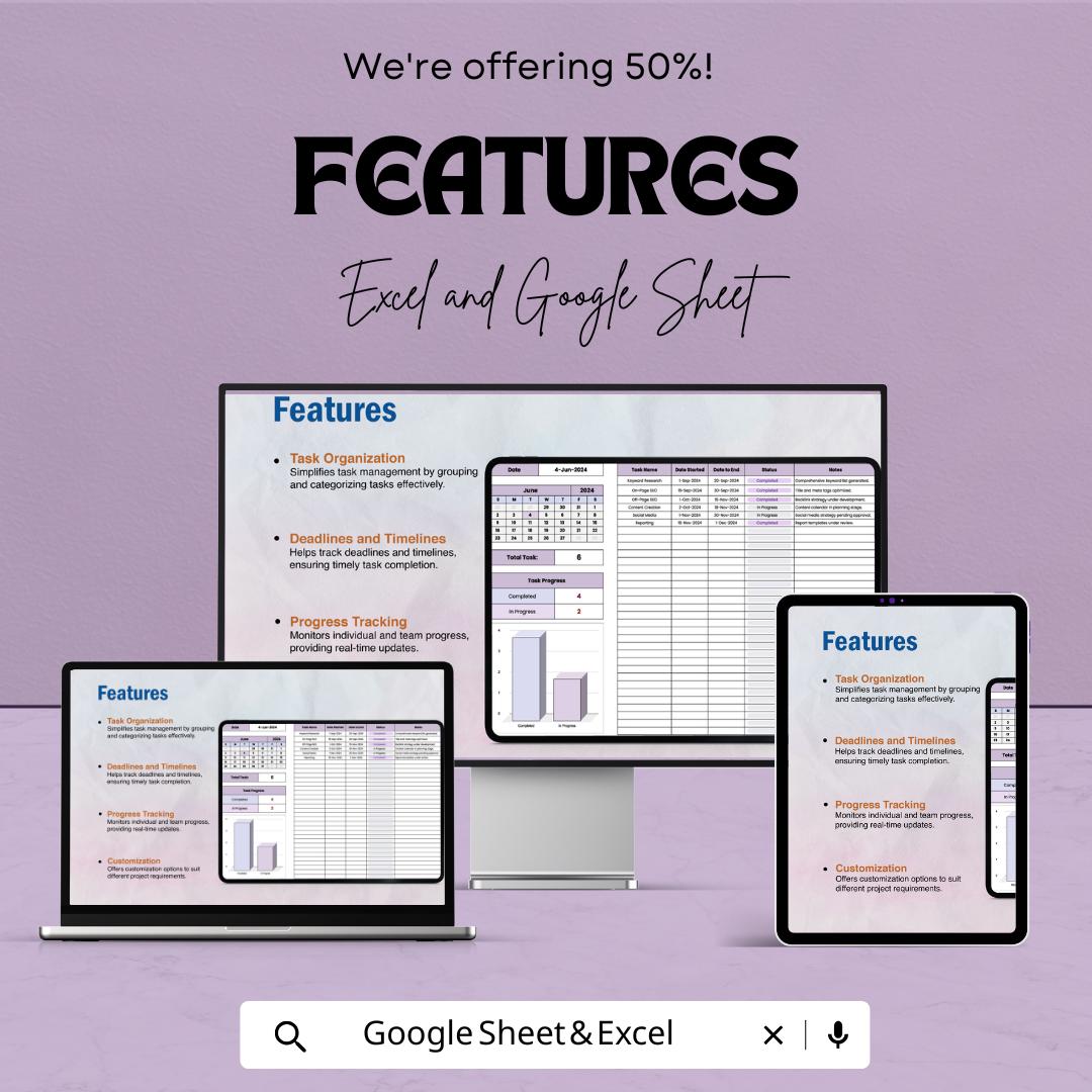 Task Tracker Sheet for Excel and Google Sheets | Project Organizer | Team & Personal Task Management | Digital Planner