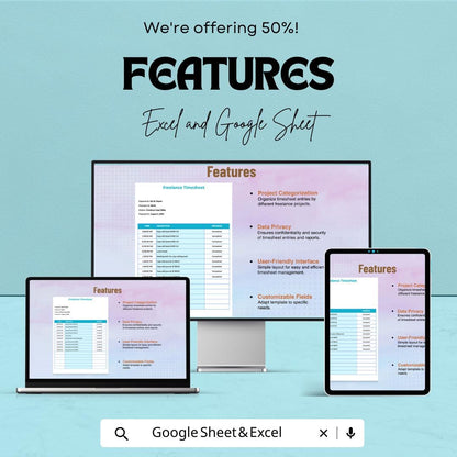 Freelance Timesheet Template | Excel and Google Sheets | Time Tracking Spreadsheet | Work Log | Project Hour Tracker | Editable Sheet