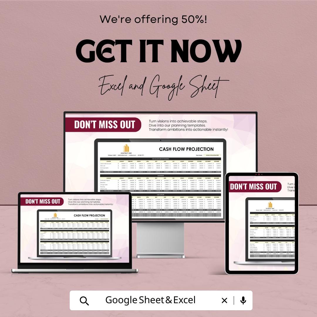 Cash Flow Projection Template, Business Cash Flow Forecast Spreadsheet, Financial Planning Template, Small Business Budget Planner