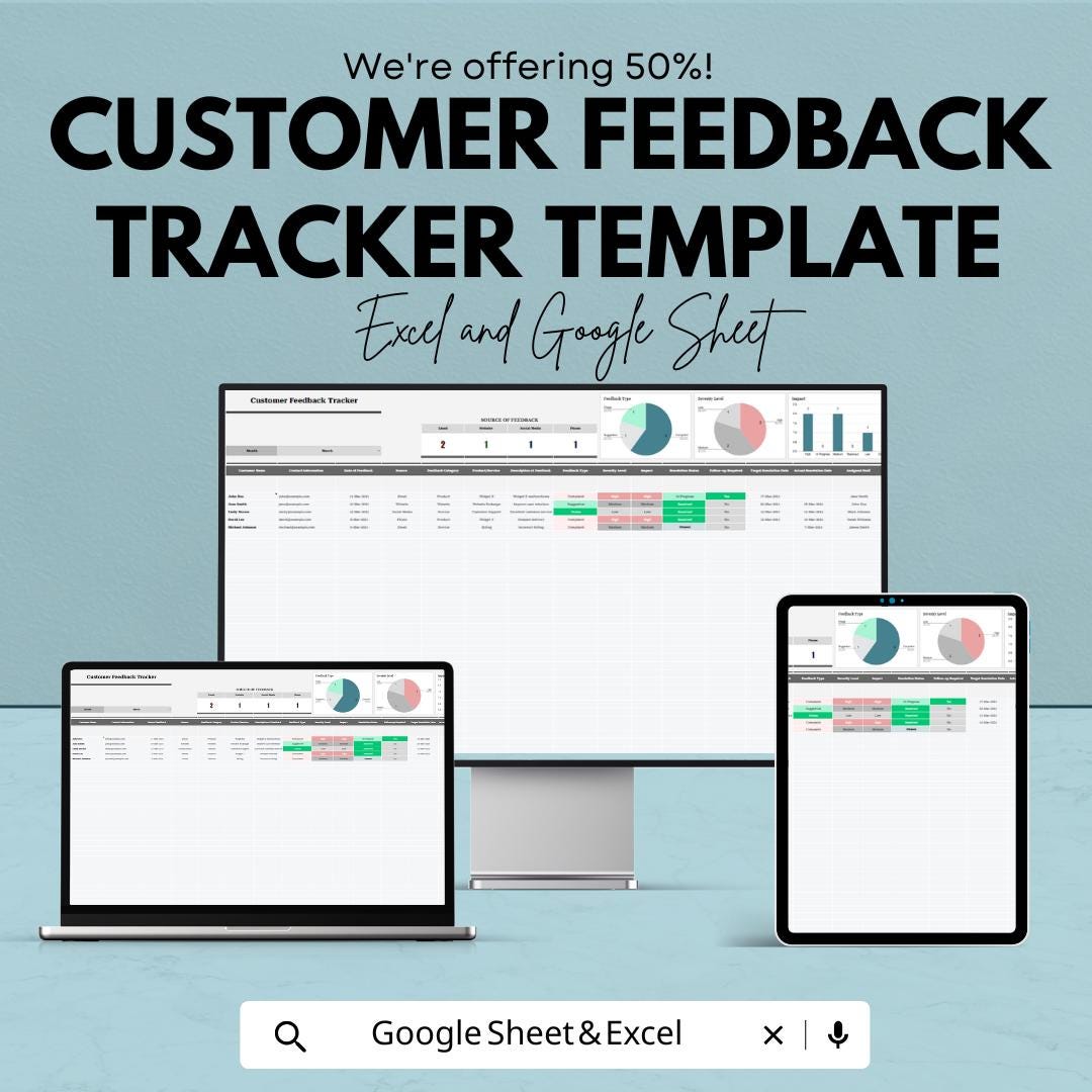 Customer Feedback Tracker Template | Feedback Management Spreadsheet | Customer Review Tracker | Excel & Google Sheets