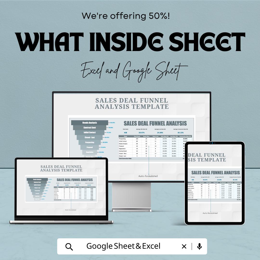 Sales Deal Funnel Analysis Template | Excel & Google Sheets Sales Pipeline Tracker | Conversion Rate Dashboard | Sales Performance Report