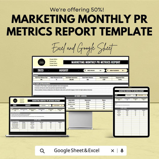 Marketing Monthly PR Report Template, PR Metrics Tracker, Excel & Google Sheets Public Relations Dashboard, Media Coverage Report
