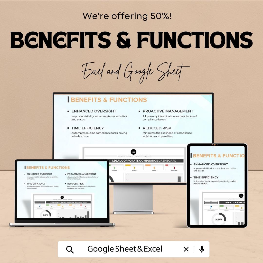 Legal Corporate Compliance Dashboard Template, Law Firm Compliance Tracker, Legal Dashboard Excel, Compliance Log