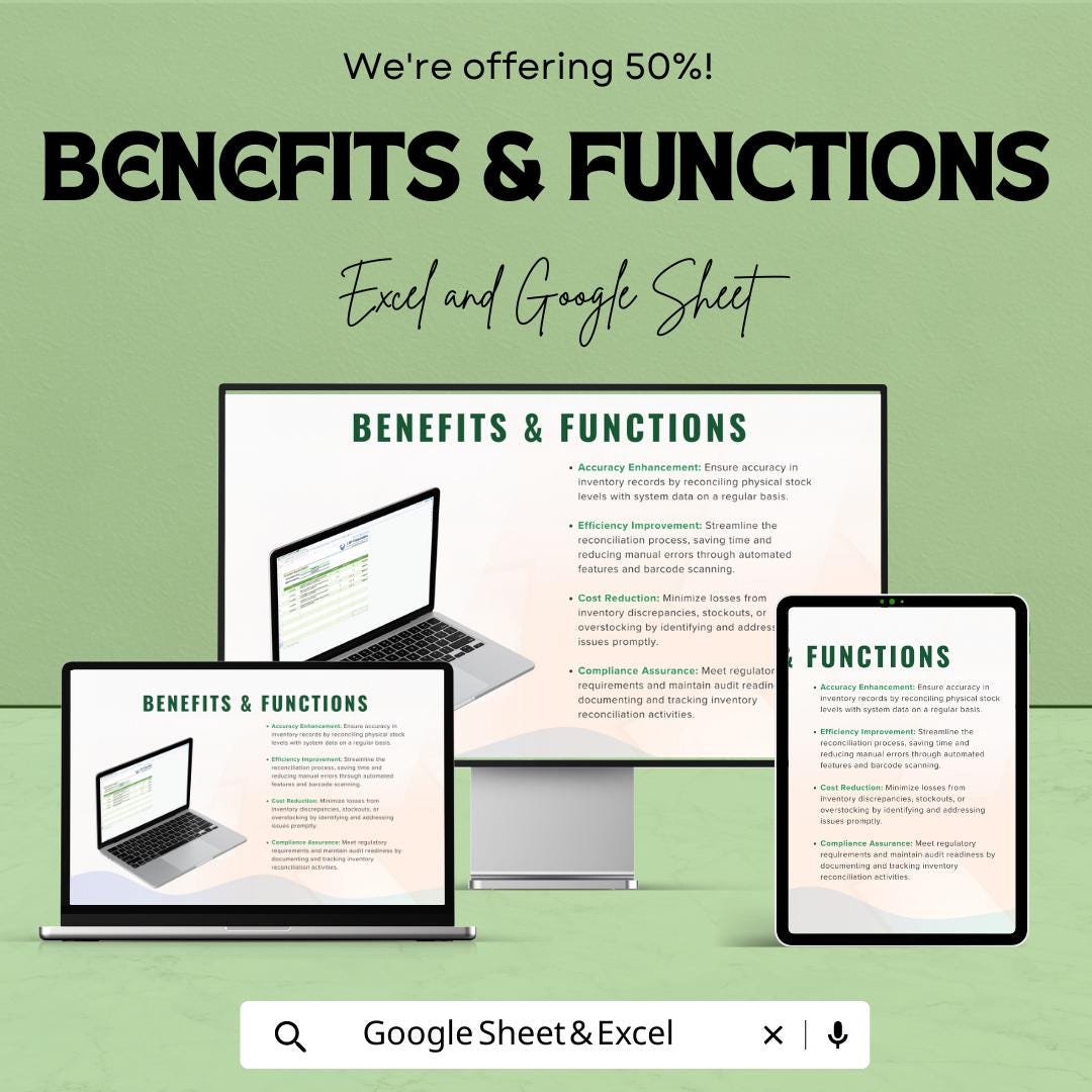 Inventory Reconciliation Template | Excel & Google Sheets Stock Reconciliation Spreadsheet | Inventory Audit Tracker | Stock Adjustment Log