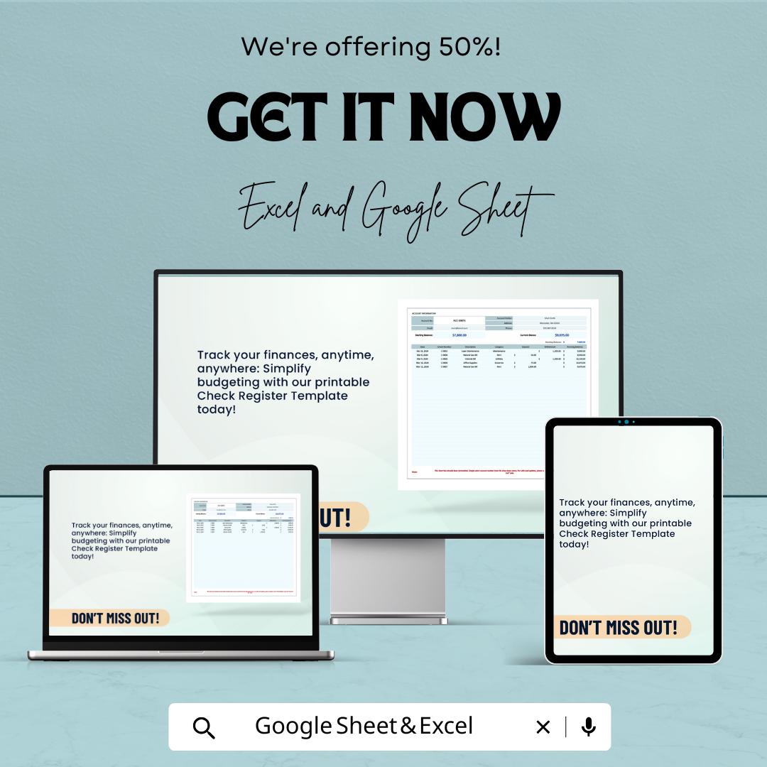 Printable Check Register Template | Checkbook Register | Bank Ledger | Expense Tracker | Account Balance Log | Editable Spreadsheet