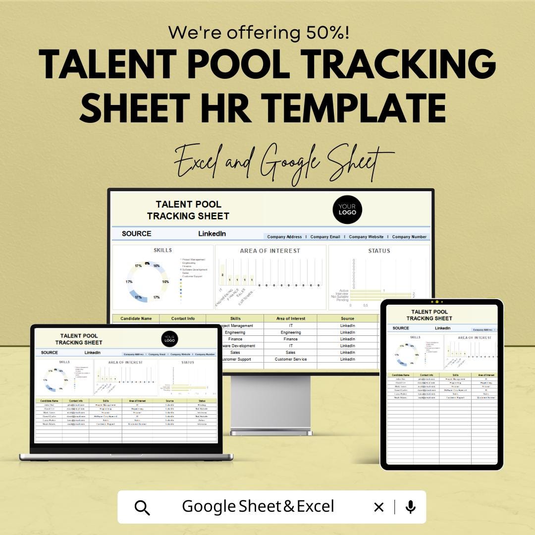 Talent Pool Tracking Sheet HR Template | Excel and Google Sheets | Candidate Tracking Spreadsheet | Recruitment & Hiring Tracker