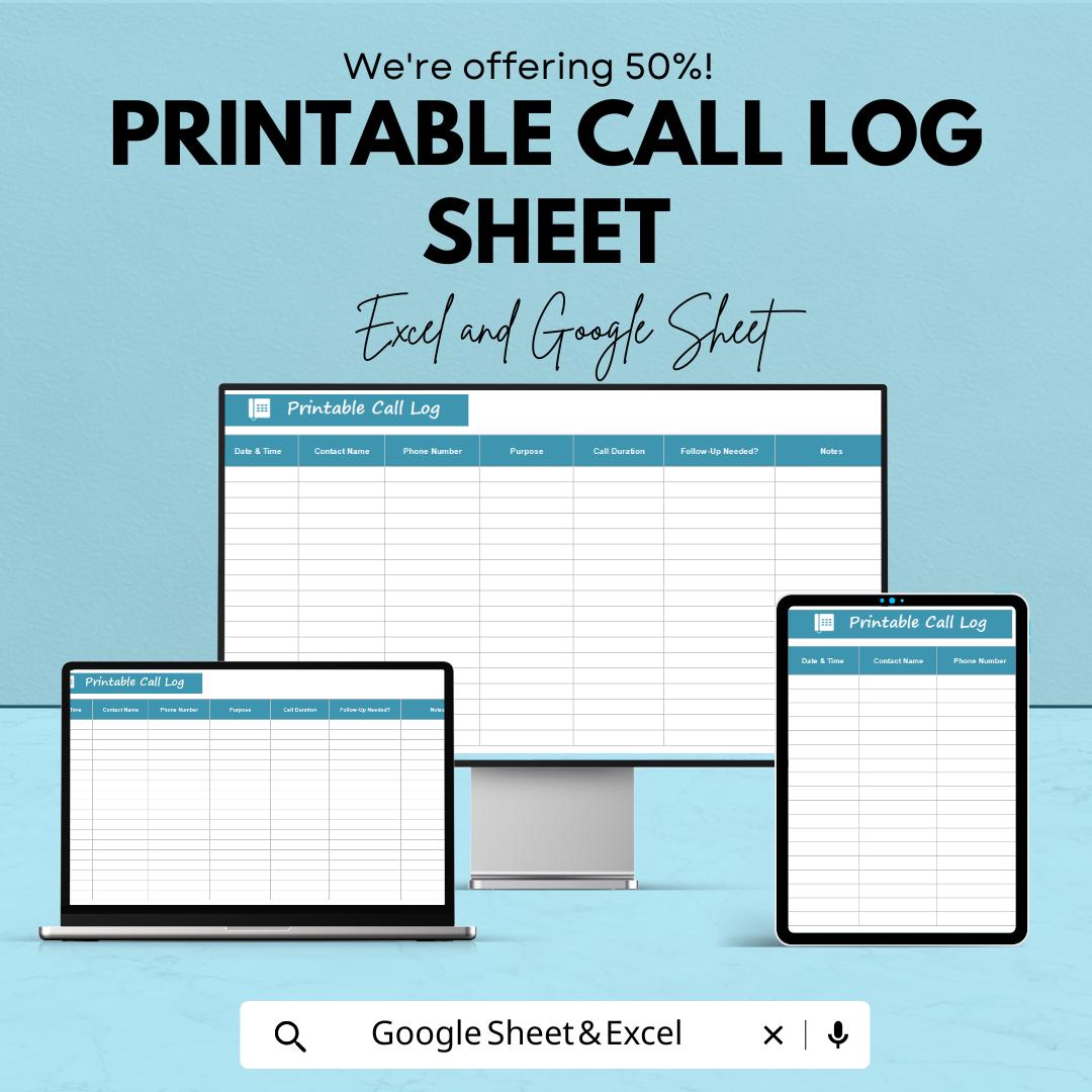 Printable Call Log Sheet | Excel & Google Sheets Template | Track Calls, Contact Info, Duration, and Notes | Professional Call Tracking