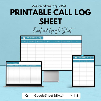Printable Call Log Sheet | Excel & Google Sheets Template | Track Calls, Contact Info, Duration, and Notes | Professional Call Tracking