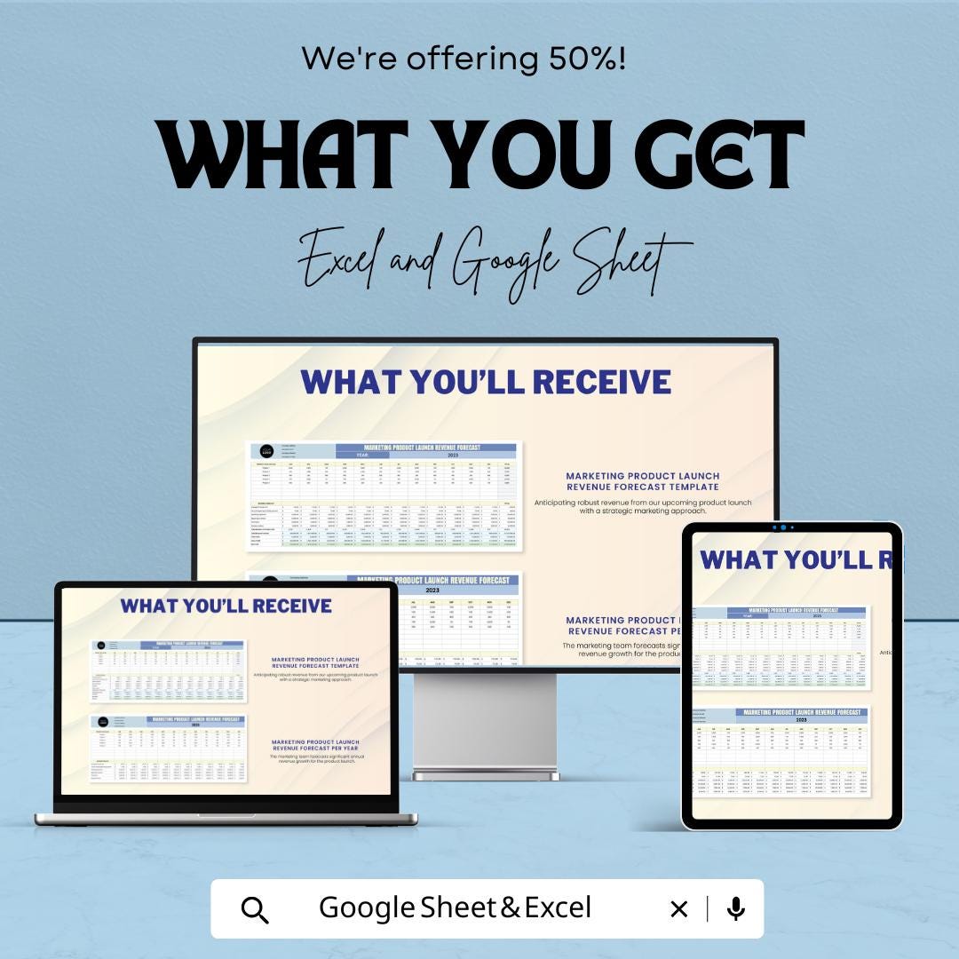 Marketing Product Launch Revenue Forecast Template | Excel and Google Sheet | Plan & Forecast Product Launches | Sales Forecasting Tool |