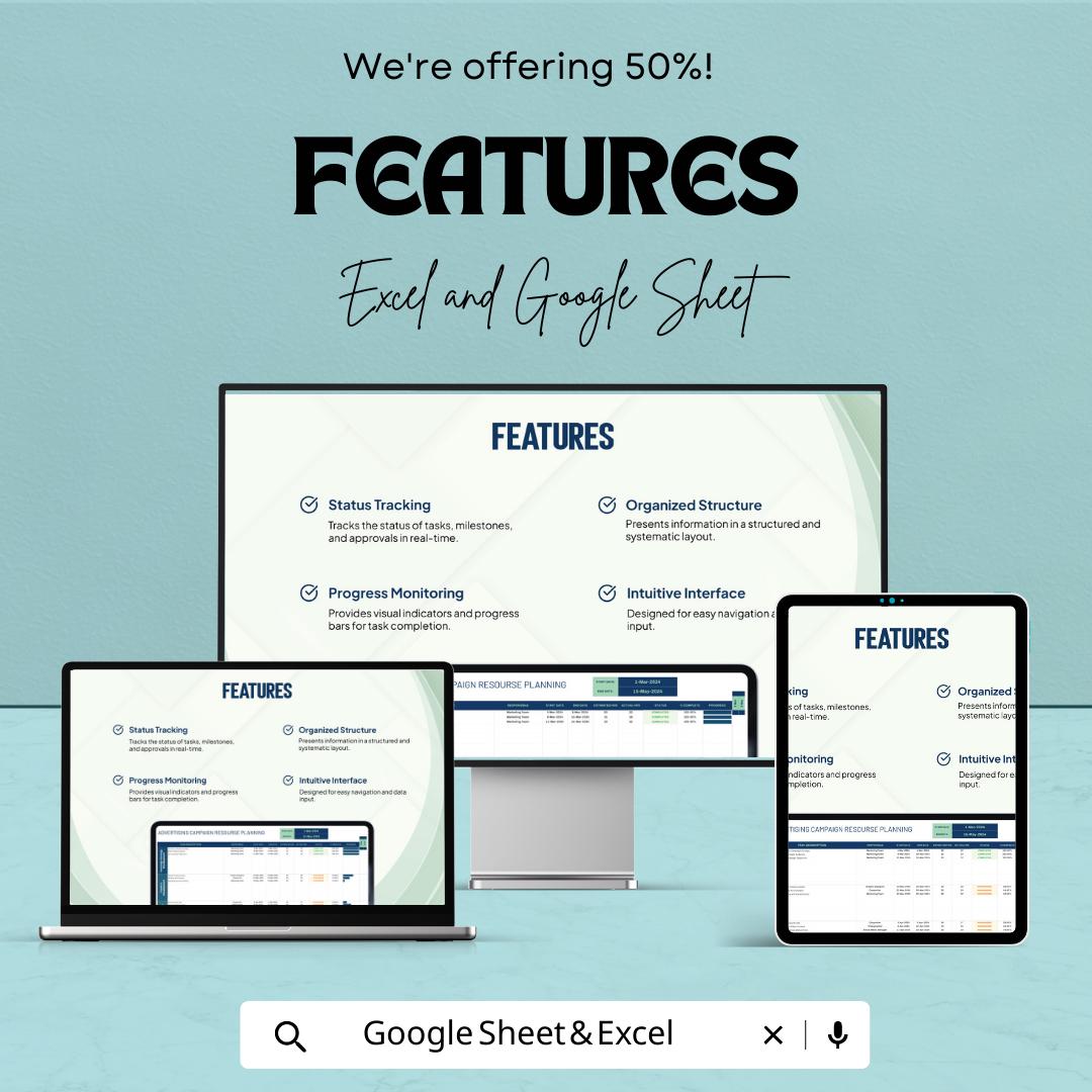Advertising Campaign Resource Planning Template  | Marketing Campaign Planner | Project Timeline Tracker | Campaign Management Sheet
