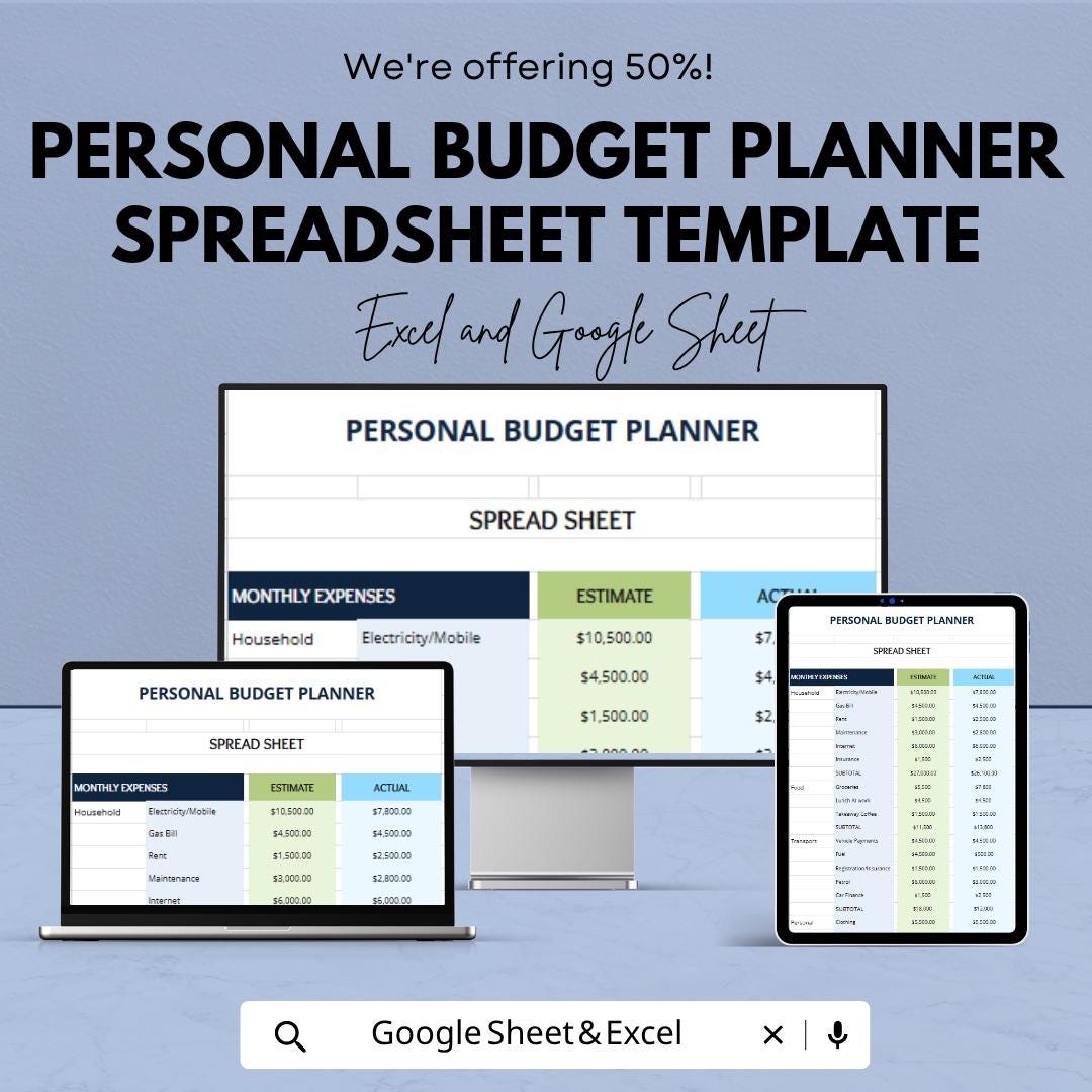 Personal Budget Planner Spreadsheet Template for Excel & Google Sheets | Monthly Budget Tracker | Expense Planner | Financial Budget Sheet |